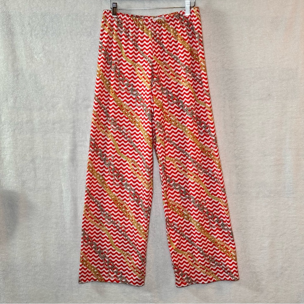 MICHELLE PARISOU wide leg pants red and white with gold rope chain Small